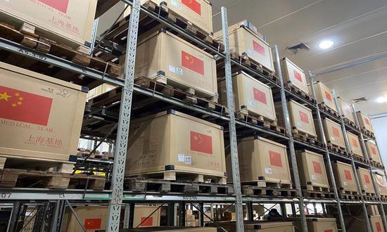 Pallets of medical supplies to be delivered to Chinese foreign aid medical teams in overseas countries and regions. (Courtesy of Shanghai Municipal Health Commission)