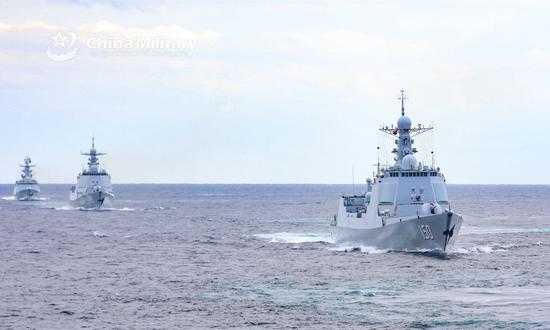 Ships attached to a destroyer flotilla with the navy under the PLA Eastern Theater Command sail in formation en route to a multi-subject training exercise in East China Sea. The ships' journey took two days from October 13 to 14 before reaching the training waters. (Photo/China Military)