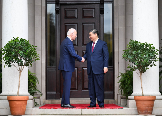 An image posted on X, formerly known as Twitter, shows Chinese President Xi Jinping shaking hands with U.S. President Joe Biden upon meeting in San Francisco, U.S., November 15, 2023. (Photo/SpokespersonCHN)