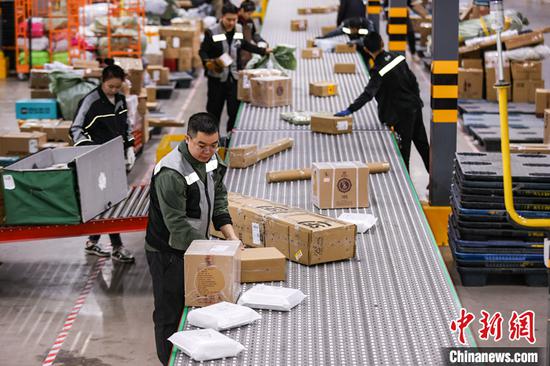 Workers sort packages at a station in SF Express center in southwest China's Guizhou Province, Nov. 12, 2023. (Photo/China News Service)