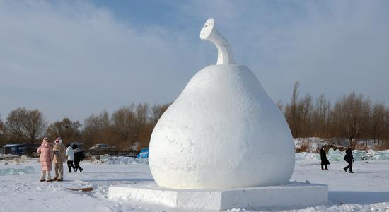 Snow sculpture of frozen pear appears on Songhuajiang River