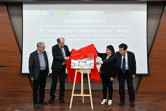 Experts from China and Russia unveil the joint research laboratory for Siberian tiger conservation at Northeast Forestry University in Harbin, Heilongjiang province, on Thursday. (Photo provided to China Daily)