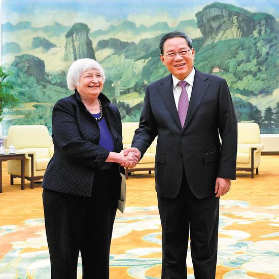 Premier Li Qiang meets with United States Treasury Secretary Janet Yellen in Beijing on Sunday. (Wang Zhuangfei/China Daily)