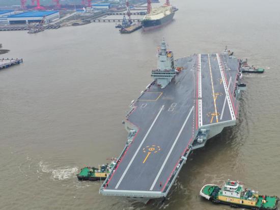The CNS Fujian, China's third aircraft carrier, started its maiden sea trial on May 1, 2024. (Photo by Pu Haiyang/for China Daily)
