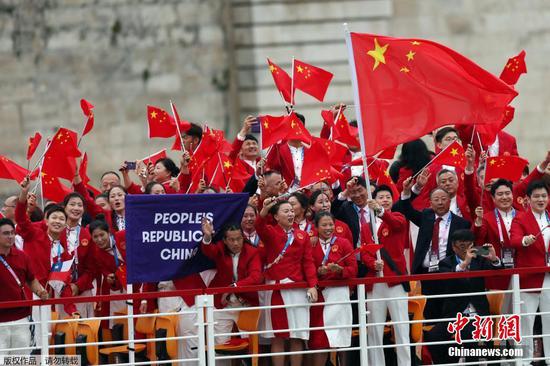 Members of the Chinese delegation attend the opening ceremony of the Paris 2024 Olympic Games, France, July 26, 2024. (Photo/Agencies)