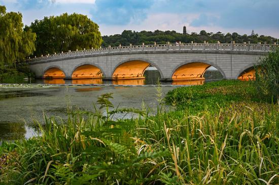 Golden sunlight shines through bridge arches in Nanjing