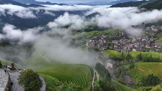 Cloud-shrouded terraced fields in Guangxi