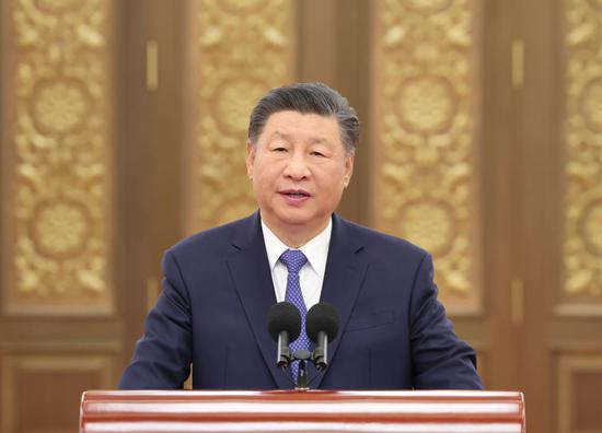 Chinese President Xi Jinping, also general secretary of the Communist Party of China (CPC) Central Committee and chairman of the Central Military Commission, delivers an important speech in Beijing, capital of China, Sept. 23, 2024. Party and state leaders Xi Jinping, Li Qiang, Zhao Leji, Wang Huning, Cai Qi, Ding Xuexiang and Li Xi met with the representatives of space scientists and engineers who participated in the research and development of the Chang'e-6 lunar mission at the Great Hall of the People in Beijing on Monday. Xi and the other leaders also viewed lunar samples and an exhibition on the lunar exploration project's 20 years of achievements. (Xinhua/Ju Peng)