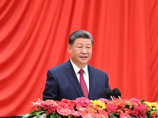 Chinese President Xi Jinping, also general secretary of the Communist Party of China Central Committee and chairman of the Central Military Commission, addresses a reception to celebrate the 75th anniversary of the founding of the People's Republic of China at the Great Hall of the People in Beijing, capital of China, Sept. 30, 2024. (Xinhua/Xie Huanchi)