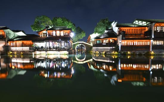 Stunning night scenery of water town Wuzhen