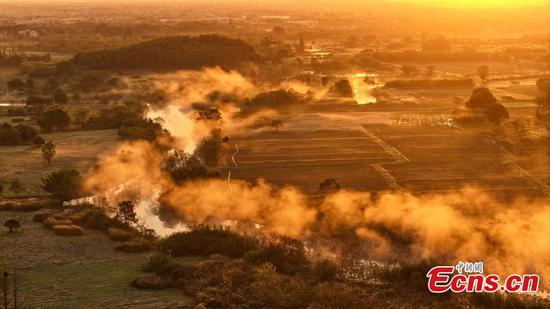 Breathtaking sunlight envelops Liangzhu ruins with mist swirling round in Hangzhou, east China's Zhejiang Province, Nov. 27, 2024. (Photo/VCG)