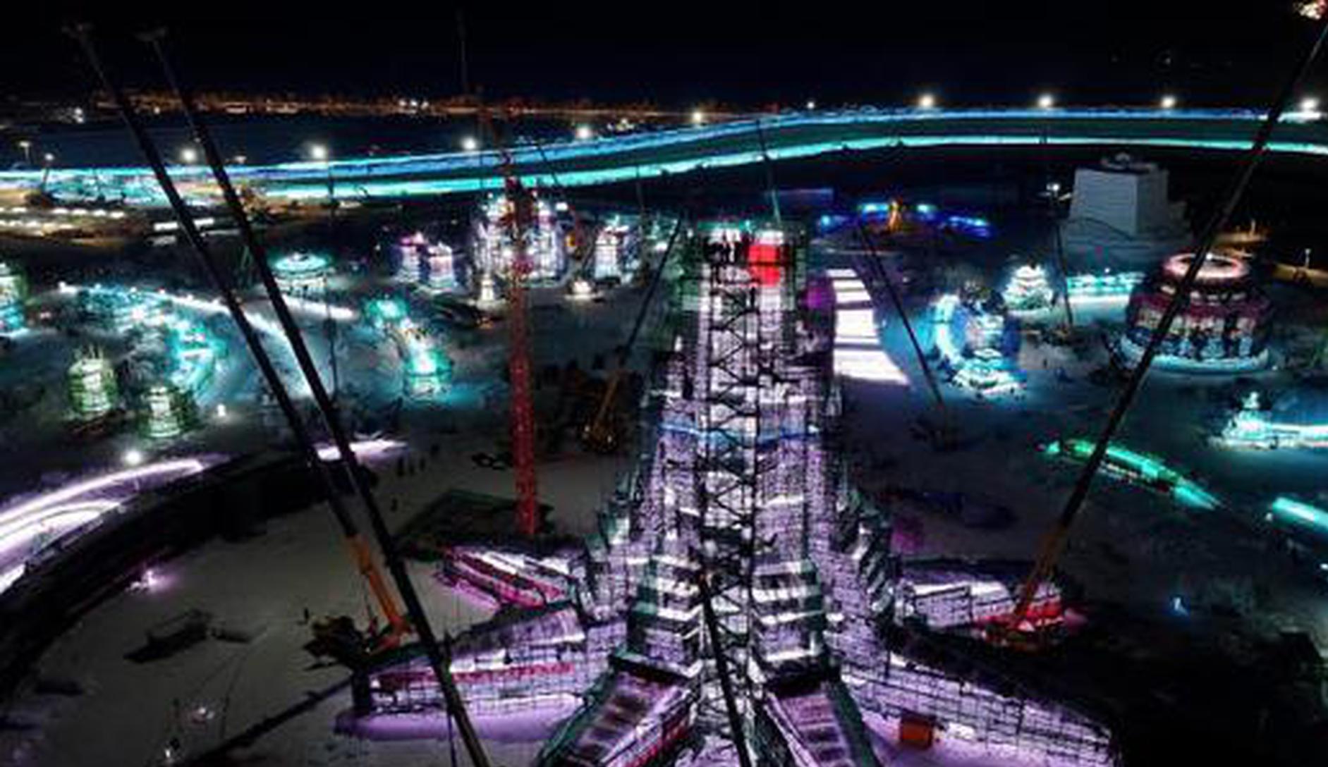 Main tower of 26th Harbin Ice and Snow World topped off