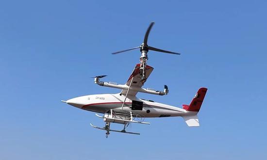 A ton-level liquid hydrogen powered unmanned eVTOL aircraft completes its test flight in Baoji City, Northwest China's Shaanxi Province. (Photo/Courtesy of Shaanxi Tongchen Heguang Cryogenic Technology Co Ltd.)