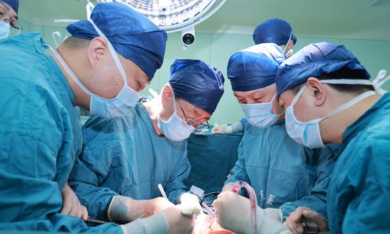 Doctors from the Xijing Hospital of Air Force Military Medical University perform the world's first gene-edited pig xenotransplantation surgery for whole liver transplantation in a brain-dead patient in Xi'an, Shaanxi Province on January 7, 2025. (Photo/Courtesy of the Xijing Hospital of Air Force Military Medical University)