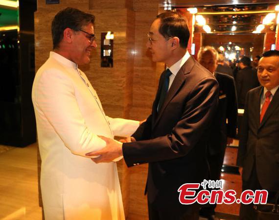 Pakistani Ambassador to China Khalil Hashmi (L)and Chinese Vice Foreign Minister Sun Weidong shake hands at the Pakistan Embassy in Beijing, March 20, 2025. (Photo provided to Ecns)