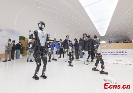 Staff members adjust humanoid robots at Zhongguancun International Innovation Center, venue for the 2025 Zhongguancun Forum (ZGC Forum), in Beijing, March 26, 2025. (Photo: China News Service/Jia Tianyong) Staff members adjust humanoid robots at Zhongguancun International Innovation Center, venue for the 2025 Zhongguancun Forum (ZGC Forum), in Beijing, March 26, 2025. (Photo: China News Service/Jia Tianyong)