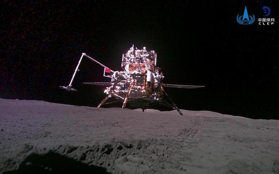 This photo taken and beamed back to Earth autonomously by a mini rover released from the lander-ascender combination of Chang'e 6 probe shows a view of the combination itself on the lunar surface, June 3, 2024. (Photo/China National Space Administration) This photo taken and beamed back to Earth autonomously by a mini rover released from the lander-ascender combination of Chang'e 6 probe shows a view of the combination itself on the lunar surface, June 3, 2024. (Photo/China National Space Administration)