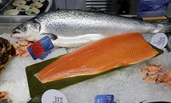 Norwegian seafood is presented at the national pavilion of Norway at the 7th China International Import Expo in Shanghai on November 6, 2024. (Photo: Chen Xia/GT)