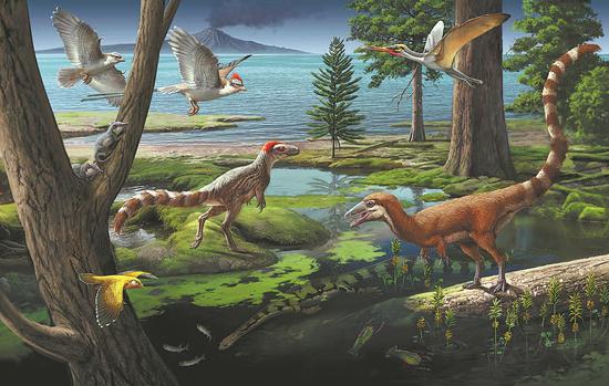 A simulated picture of the two dinosaurs walking, Sinosauropteryx lingyuanensis (right) and Huadanosaurus sinensis (left), found in Lingyuan, Liaoning province. (Photo by Zhao Chuang/For China Daily)