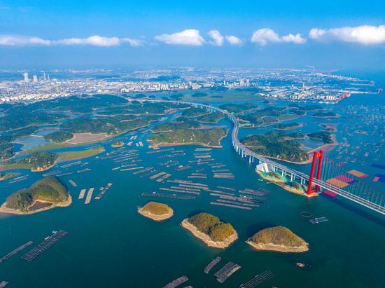 Aerial view of longest cross-sea bridge in Guangxi