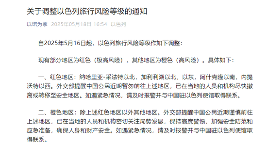 The screenshot of the risk-adjusting notice from the Wechat account of the Embassy of China in Israel.