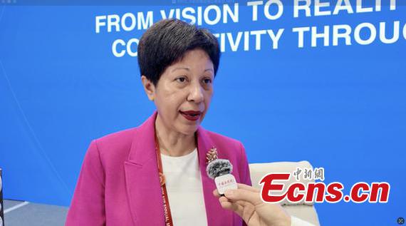 Indranee Rajah, Minister in the Singapore Prime Minister's Office, receives an interview with China News Network during the 10th Annual Meeting of the Board of Governors of the Asian Infrastructure Investment Bank in Beijing, June 25, 2025. (Photo: China News Network/ Huang Fang)