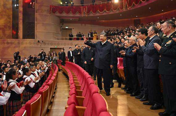 Chinese President Xi Jinping, also general secretary of the Communist Party of China Central Committee and chairman of the Central Military Commission, waves to people while attending a gala marking the 60th founding anniversary of Xizang Autonomous Region in regional capital Lhasa, Aug. 20, 2025. Xi joined people of all ethnic groups in Xizang to watch the gala entitled "Joyful Songs of the Snowy Plateau Region." (Xinhua/Xie Huanchi)