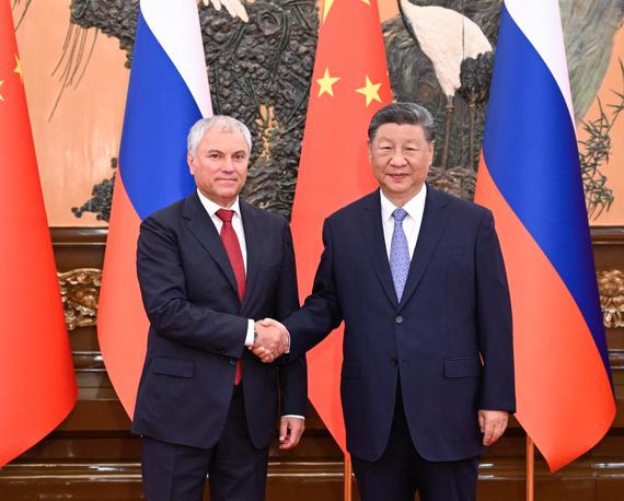 Chinese President Xi Jinping meets with Vyacheslav Volodin, chairman of the Russian parliament's lower house, the State Duma, at the Great Hall of the People in Beijing, capital of China, Aug. 26, 2025. (Xinhua/Shen Hong)