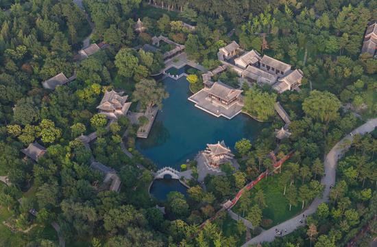 Aerial view of cultural relic Jinci Temple in NW China