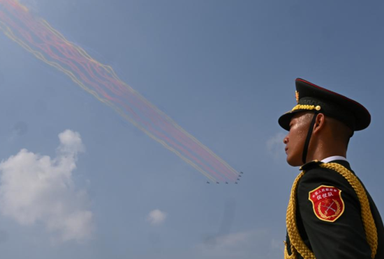 Early-warning, command aircraft echelons fly over Tian'anmen Square in parade