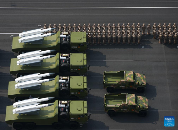 The anti-ship missile formation gets prepared for the V-Day parade in Beijing, capital of China, Sept. 3, 2025. (Xinhua/Xu Bingjie)