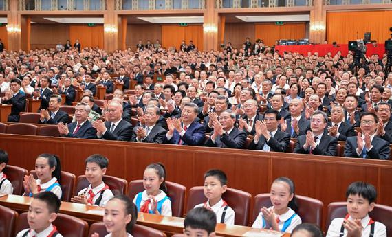 Party and state leaders Xi Jinping, Li Qiang, Zhao Leji, Wang Huning, Cai Qi, Ding Xuexiang, Li Xi, and Han Zheng, together with about 6,000 people, watch a grand cultural gala at the Great Hall of the People in Beijing, capital of China, Sept. 3, 2025. With the theme of "Justice Prevails," the gala was staged on Wednesday evening.  (Xinhua/Li Xiang)