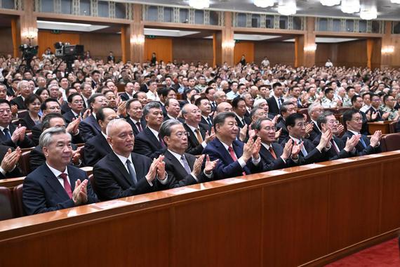 Party and state leaders Xi Jinping, Li Qiang, Zhao Leji, Wang Huning, Cai Qi, Ding Xuexiang, Li Xi, and Han Zheng, together with about 6,000 people, watch a grand cultural gala at the Great Hall of the People in Beijing, capital of China, Sept. 3, 2025. With the theme of "Justice Prevails," the gala was staged on Wednesday evening. (Xinhua/Yan Yan)