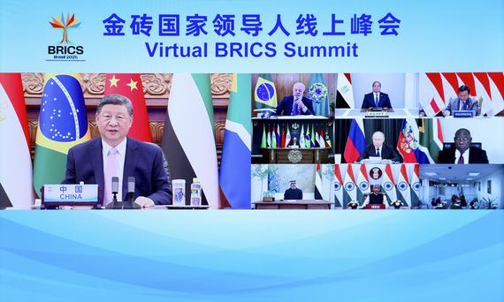 President Xi Jinping delivers a speech titled "Forging Ahead in Solidarity and Cooperation" while attending a virtual BRICS Summit via video link in Beijing on Monday. (LIU BIN/XINHUA)