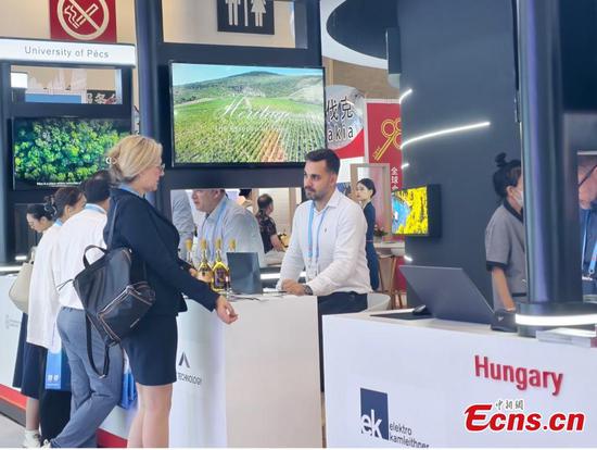 A participant talks with staff in front of the Hungary Pavilion at the 25th CIFIT. (Photo: China News Service / Lin Zhuowei) A participant talks with staff in front of the Hungary Pavilion at the 25th CIFIT. (Photo: China News Service / Lin Zhuowei)