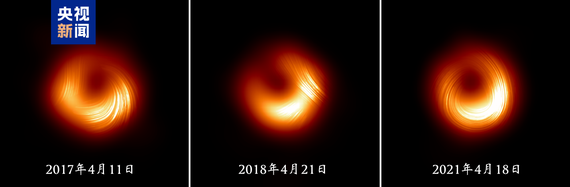The EHT collaboration releases images of the black hole at the center of the galaxy M87, captured in 2017, 2018 and 2021 (from left to right). /CMG