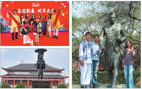 Clockwise from top left: Chinese students celebrate new year at Hyatt Regency hotel in New Delhi, India, on Jan 21; Yang Rui (first from left) stands with Mandarin-learning Indian students before the statue of Jawaharlal Nehru, India's first prime minister, at the university named after him, in New Delhi, on April 23; The statue of Xuanzang, 7th-century Chinese Buddhist monk, scholar and translator who traveled to India, that Chinese students encountered during their exchange program in Bihar, India, on March 16. CHINA DAILY