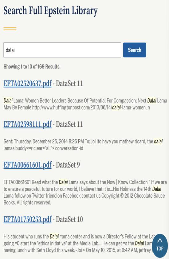 A screenshot from documents related to the Jeffrey Epstein case released by the U.S. Department of Justice shows the keyword “dalai” appearing 169 times.