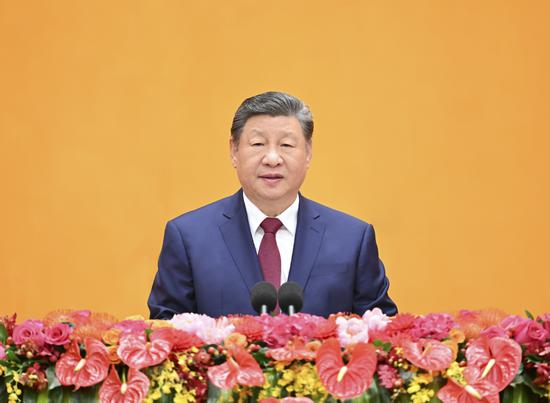 Chinese President Xi Jinping, also general secretary of the Communist Party of China (CPC) Central Committee and chairman of the Central Military Commission, delivers a speech at a reception to usher in the Chinese New Year at the Great Hall of the People in Beijing, capital of China, Feb. 14, 2026. The CPC Central Committee and the State Council held the reception here on Saturday. (Xinhua/Li Xiang)