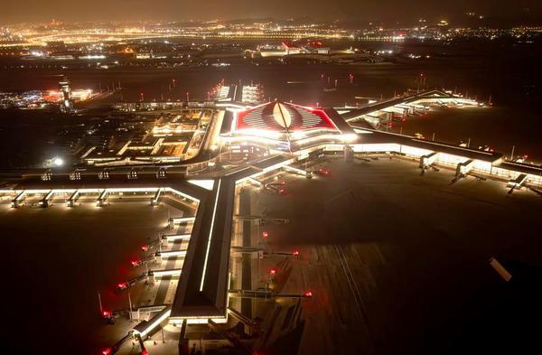 An aerial drone photo taken on Jan. 20, 2026 shows a night view of the Xiamen Xiang'an International Airport in Xiamen, southeast China's Fujian Province. (Xinhua/Wei Peiquan)