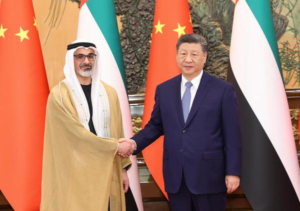 Chinese President Xi Jinping meets with Sheikh Khaled bin Mohamed bin Zayed Al Nahyan, Crown Prince of Abu Dhabi, United Arab Emirates, at the Great Hall of the People in Beijing, capital of China, April 14, 2026. (Xinhua/Huang Jingwen)