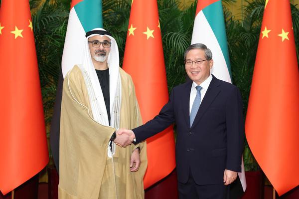 Chinese Premier Li Qiang holds talks with Sheikh Khaled bin Mohamed bin Zayed Al Nahyan, Crown Prince of Abu Dhabi, United Arab Emirates (UAE), at the Great Hall of the People in Beijing, capital of China, April 13, 2026. (Xinhua/Huang Jingwen)