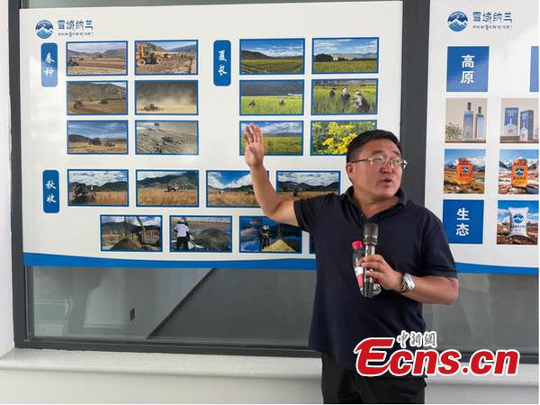 Hang Wuzhou, head of Xizang Nalan Ecological Zone, introduces the process of making rapeseed oil. (Photo: Zhang Jiahao/ China News Network)