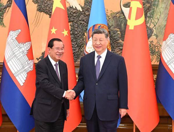 Xi Jinping, general secretary of the Communist Party of China Central Committee and Chinese president, meets with Cambodian People's Party President and Senate President Samdech Techo Hun Sen at the Great Hall of the People in Beijing, capital of China, on June 26, 2026. (Xinhua/Li Xiang)