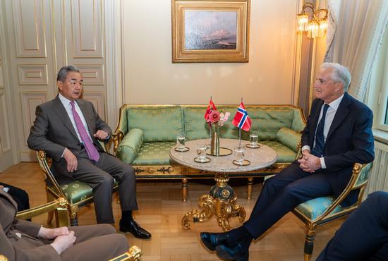 Chinese Foreign Minister Wang Yi, also a member of the Political Bureau of the Communist Party of China Central Committee, meets with Norwegian Prime Minister Jonas Gahr Store in Oslo, Norway, on July 6, 2026. (Photo/Xinhua)