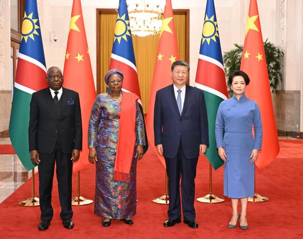 Chinese President Xi Jinping and his wife Peng Liyuan pose for a group photo with Namibian President Netumbo Nandi-Ndaitwah and her spouse Epaphras Denga Ndaitwah prior to the talks between Xi and Netumbo Nandi-Ndaitwah in Beijing, capital of China, July 10, 2026. Xi held talks with Netumbo Nandi-Ndaitwah, who is on a state visit to China, at the Great Hall of the People in Beijing on Friday. (Photo: Xinhua/Li Xiang)