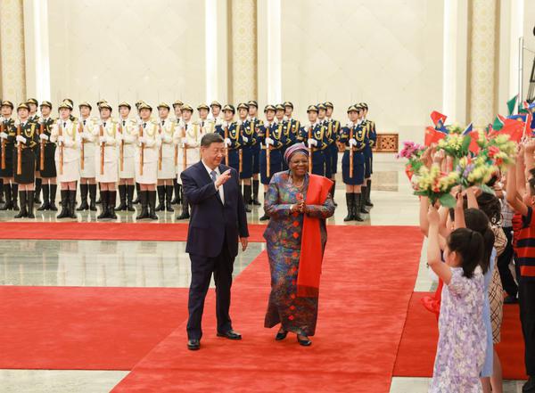 Chinese President Xi Jinping holds a welcome ceremony for Namibian President Netumbo Nandi-Ndaitwah in the Northern Hall of the Great Hall of the People prior to their talks in Beijing, capital of China, July 10, 2026. Xi held talks with Netumbo Nandi-Ndaitwah, who is on a state visit to China, at the Great Hall of the People in Beijing on Friday. (Photo: Xinhua/Ding Lin)