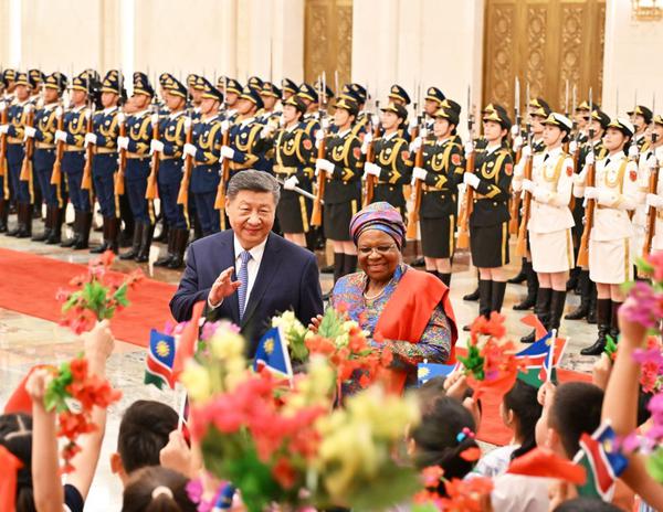 Chinese President Xi Jinping holds a welcome ceremony for Namibian President Netumbo Nandi-Ndaitwah in the Northern Hall of the Great Hall of the People prior to their talks in Beijing, capital of China, July 10, 2026. Xi held talks with Netumbo Nandi-Ndaitwah, who is on a state visit to China, at the Great Hall of the People in Beijing on Friday. (Photo: Xinhua/Gao Jie)