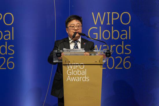 Xiang Jianping, founder and CEO of ArteryFlow, delivers a speech at the Global Awards 2026 ceremony held by the World Intellectual Property Organization, June 10, 2026. (Photo/World Intellectual Property Organization)