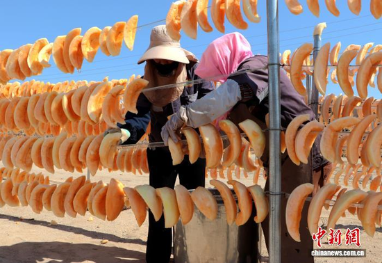 Two workers dry Hami melons in Xinjiang. (Photo: China News Service/Li Xinyi)